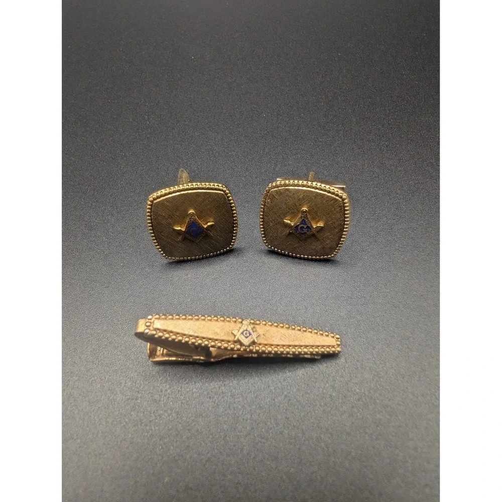 Masonic Cufflinks Tie Clip Set Gold Tone Blue Enamel Mens Freemason Jewelry